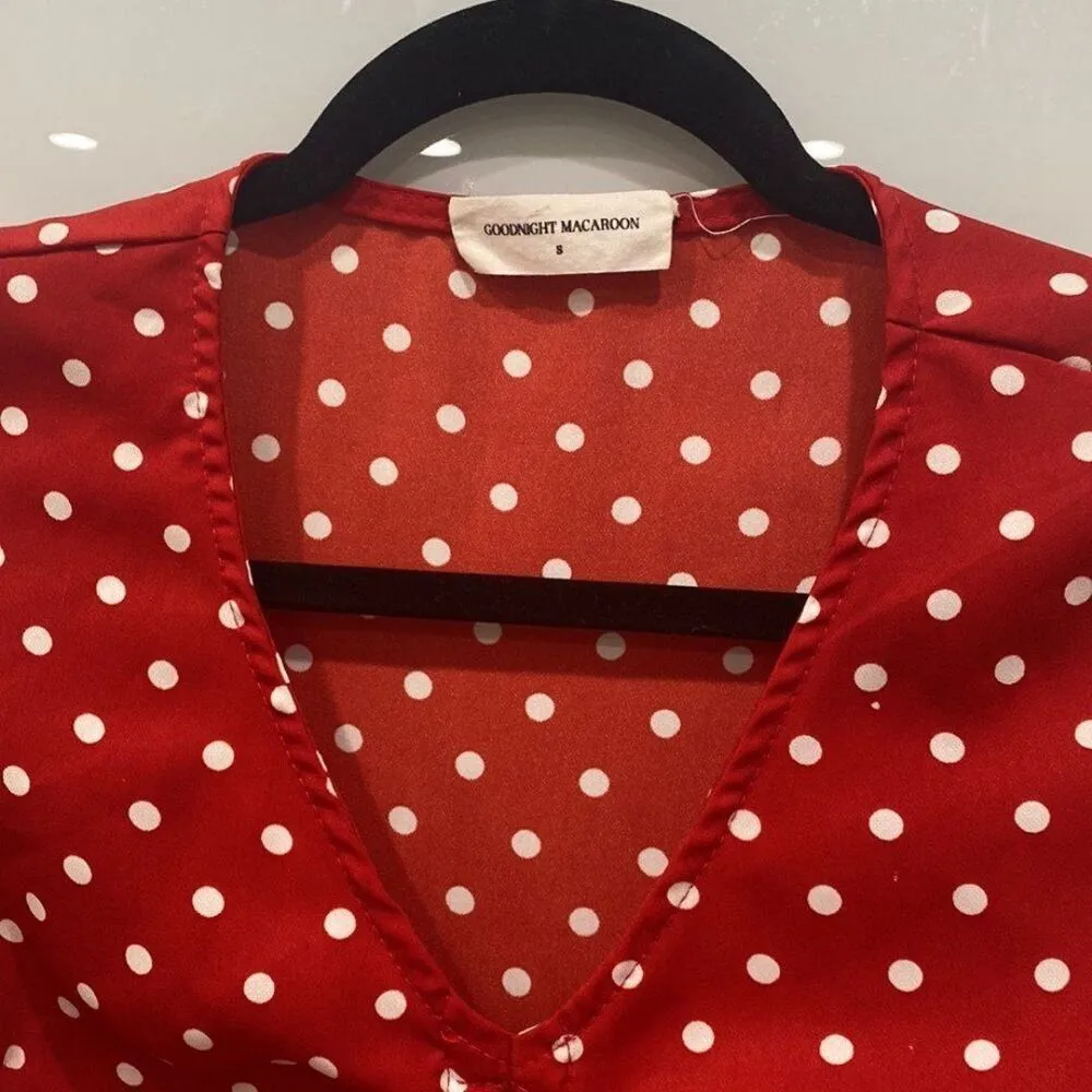 Goodnight Macaroon Women's Short Sleeve Red White Polka Dot Blouse Tie Ruffle S - Image 2
