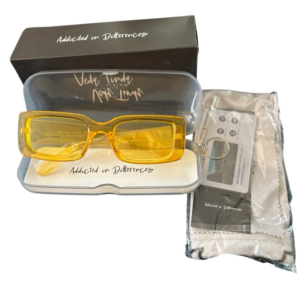 Veda Tinda Vision Sunglasses YELLOW Rectangle Lucite Includes Case Cloth NIB - Image 5