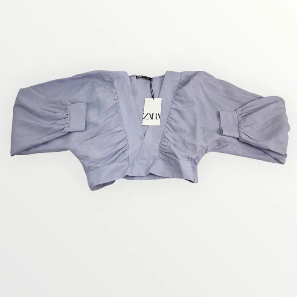 Zara Purple Crop Top Plunging Deep V-Neck Crop Puff Sleeve Coquette Size XS NWT - Image 3