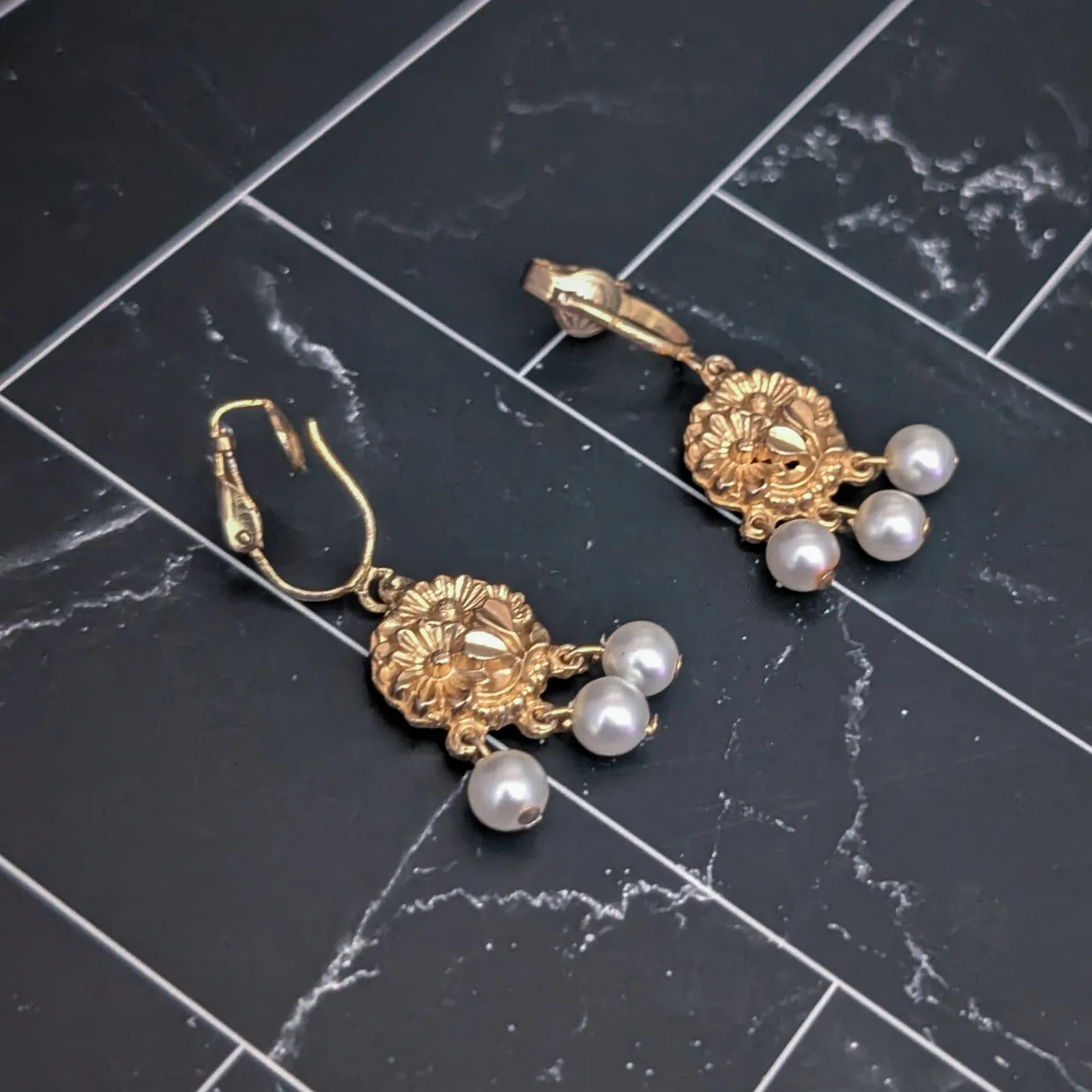 Vintage Clip On Earrings Gold Tone Floral Design Faux Pearl Dangles Statement - Image 3