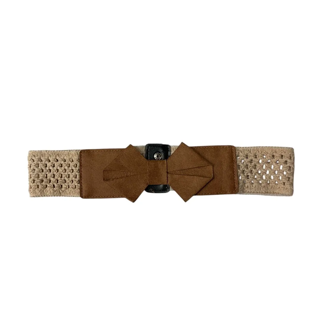 Boho‎ Woven Lacey Waist Belt with Bow Suede Accent Snap Back Stretch Cream Brown Tan - Image 4