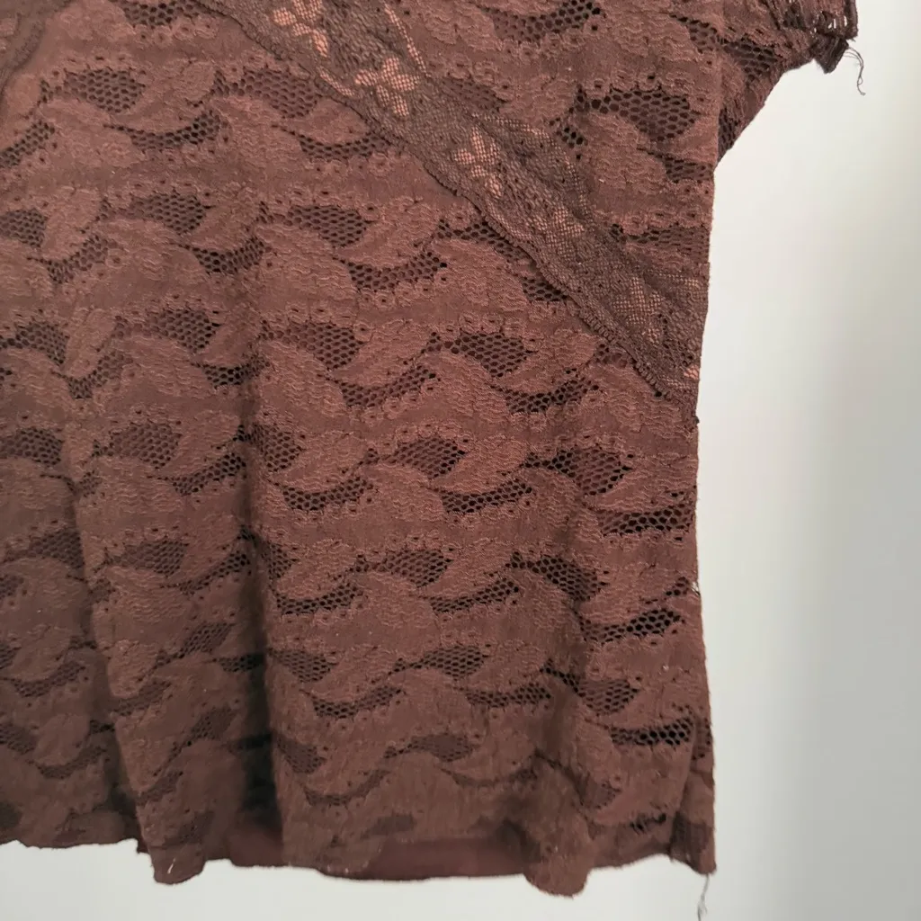 90s Y2K Medium Brown Lace Trim Short Sleeve Fitted Top Grunge Scallop Neck - Image 5