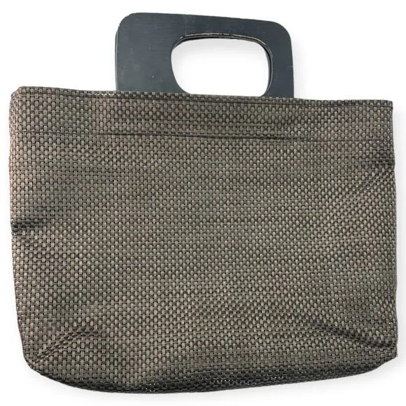 Chilewich Woven Large Sized Hand Bag Purse Beach Wooden Handle Asymmetrical Mod Brown - Image 1