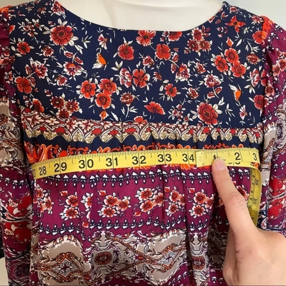 NWT Navy Orange Purple Floral Print Loose Pleated Blouse Top New Batwing Sleeves - Image 7