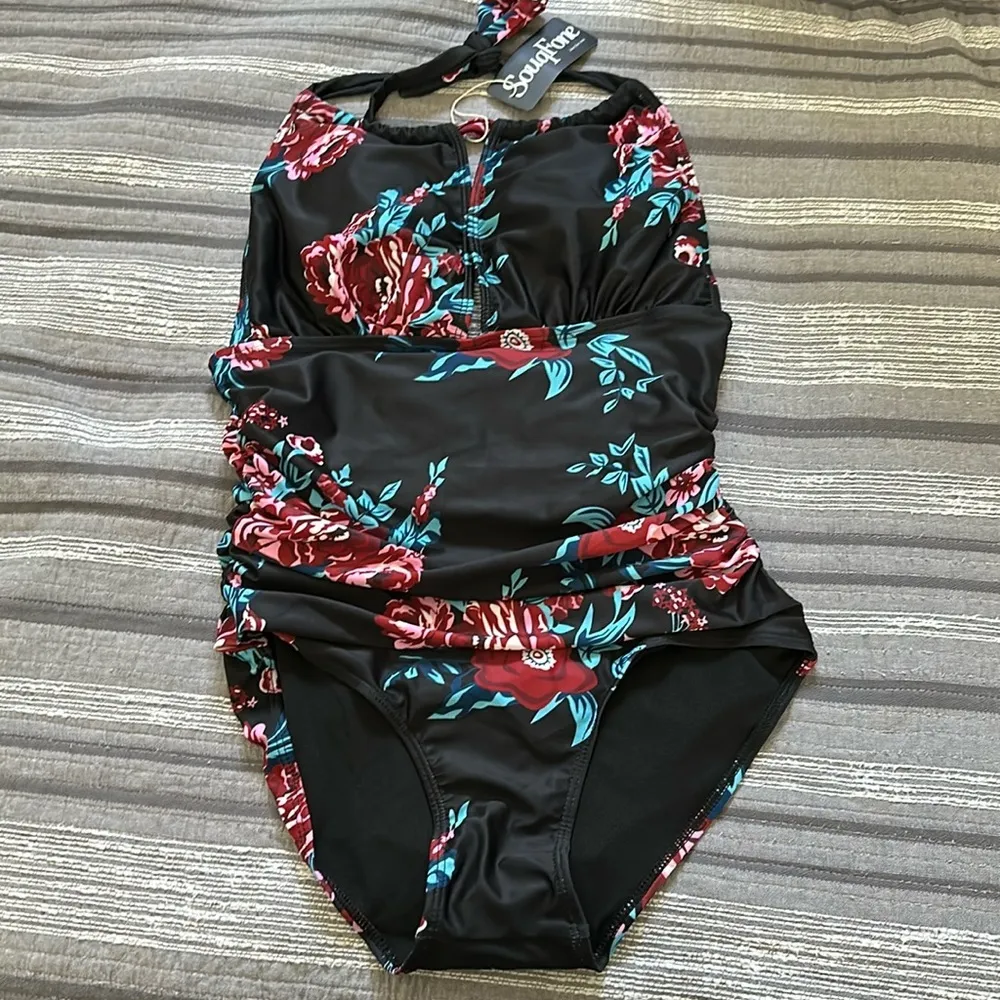 Black Floral Swimsuit Tummy Control Deep Plunge Backless Halter SMALL NWT #6284 Red - Image 3