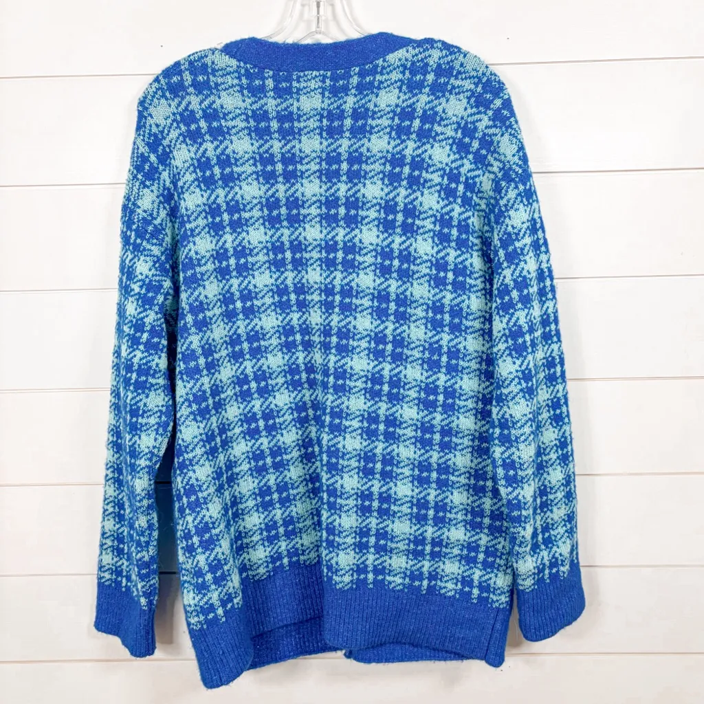 NEW Zara Plaid Blue Houndstooth Check Cardigan Sweater Pearl Buttons, Small - Image 14