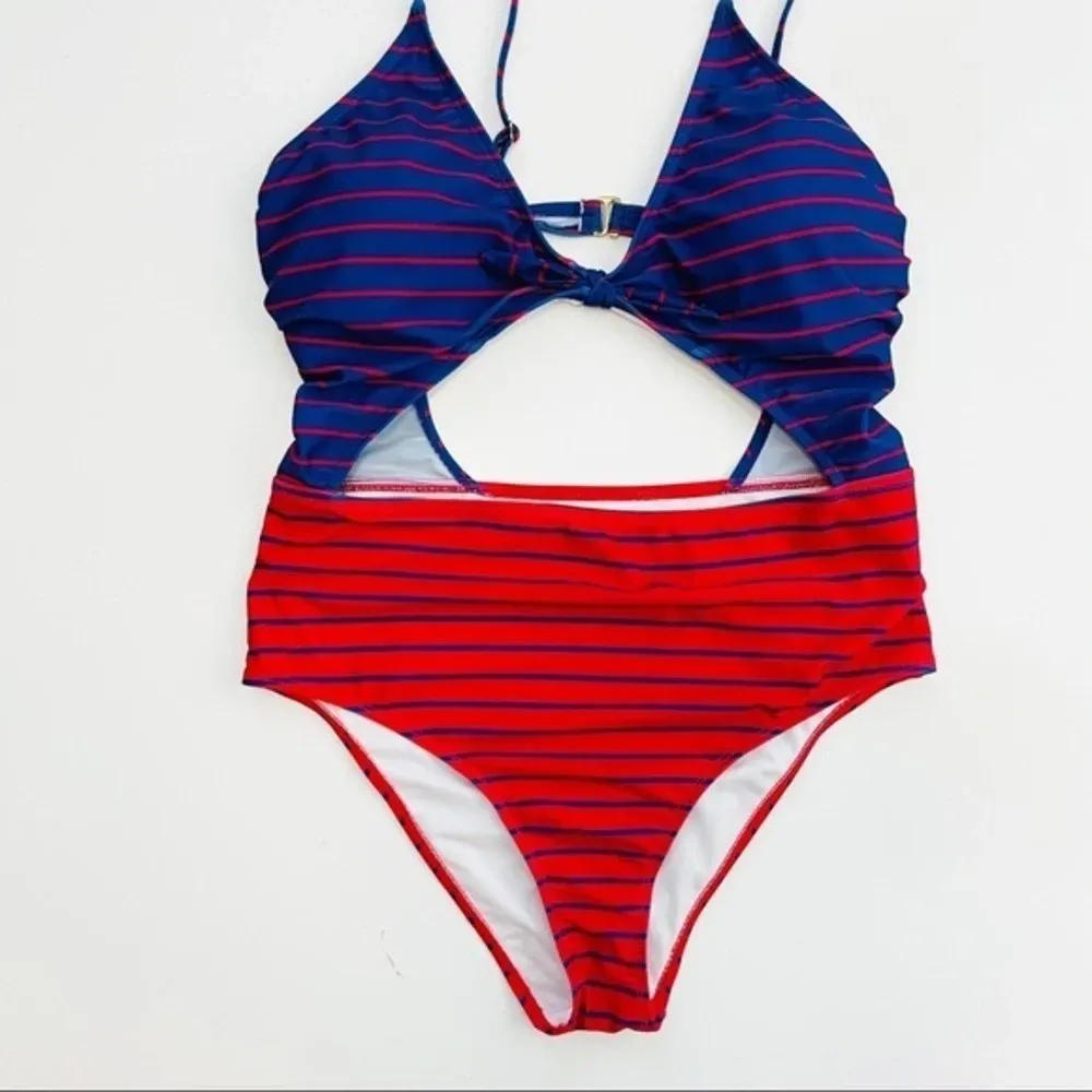 HOT WATER Fiesta Red & French Blue‎ Stripe High-Waist Monokini XL - Image 7