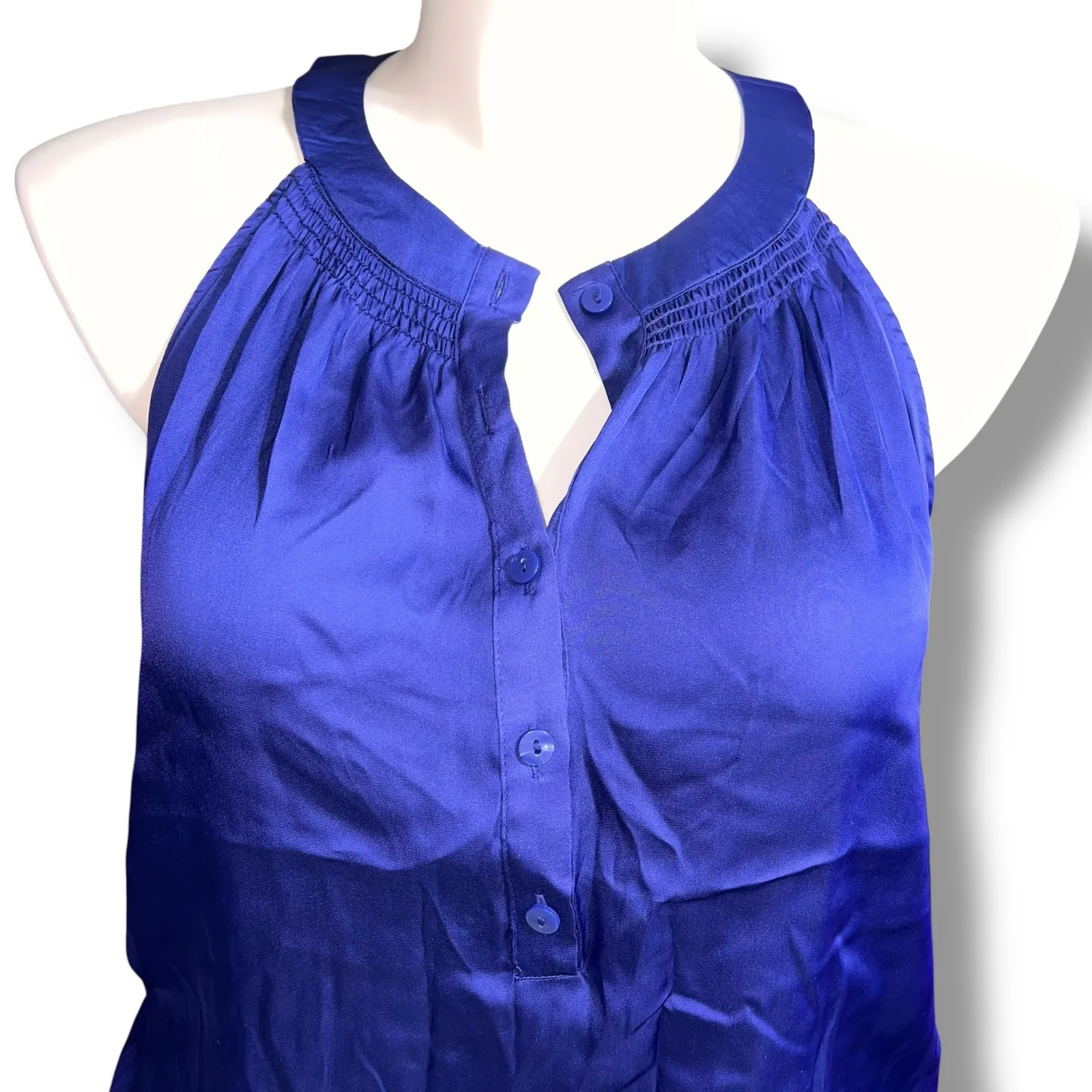 ana Womens Blouse Shirt Top Satin Halter Top Smocked Bubble Hem Blue Purple Lar - Image 5