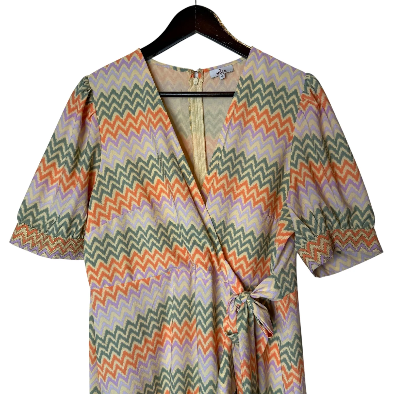 NIZA Midi Dress size 46 / XXL Puff Sleeve Faux Wrap Multicolor‎ Orange - Image 3