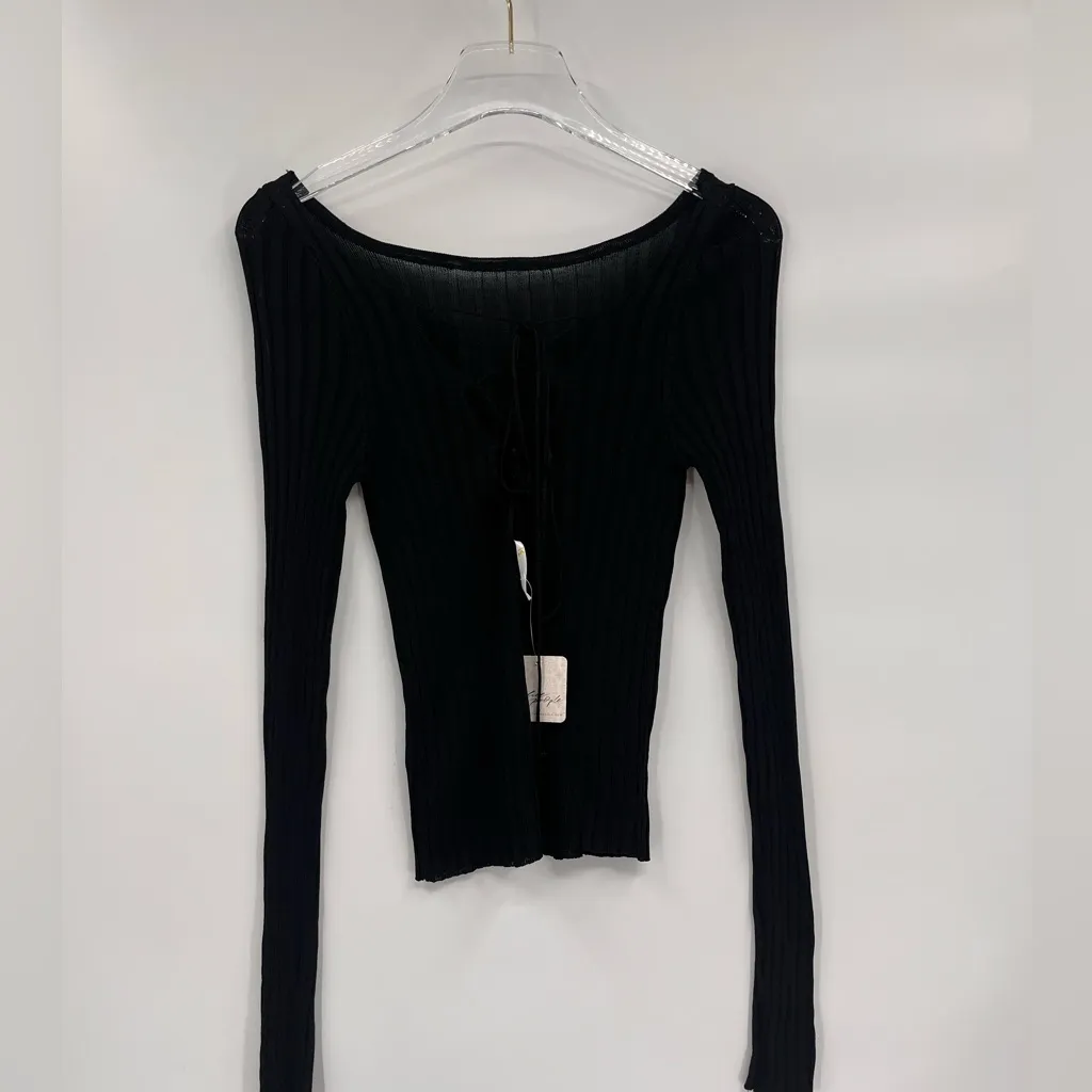 FREE PEOPLE Black Knit Hits Different Lace Up‎ Long Sleeve TOP sewater small NWT - Image 6