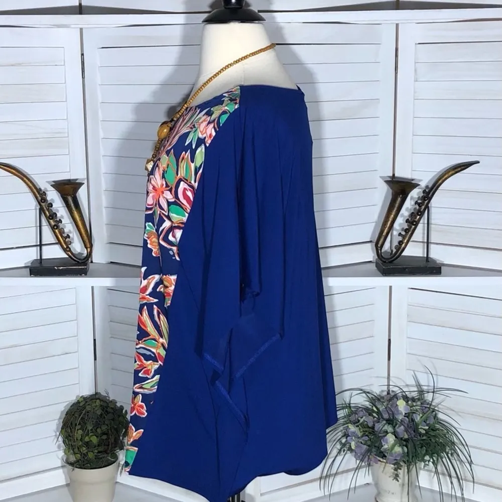 Bob Mackie Wearable Art Floral Tunic Kaftan Blouse Blue 2X - Image 4