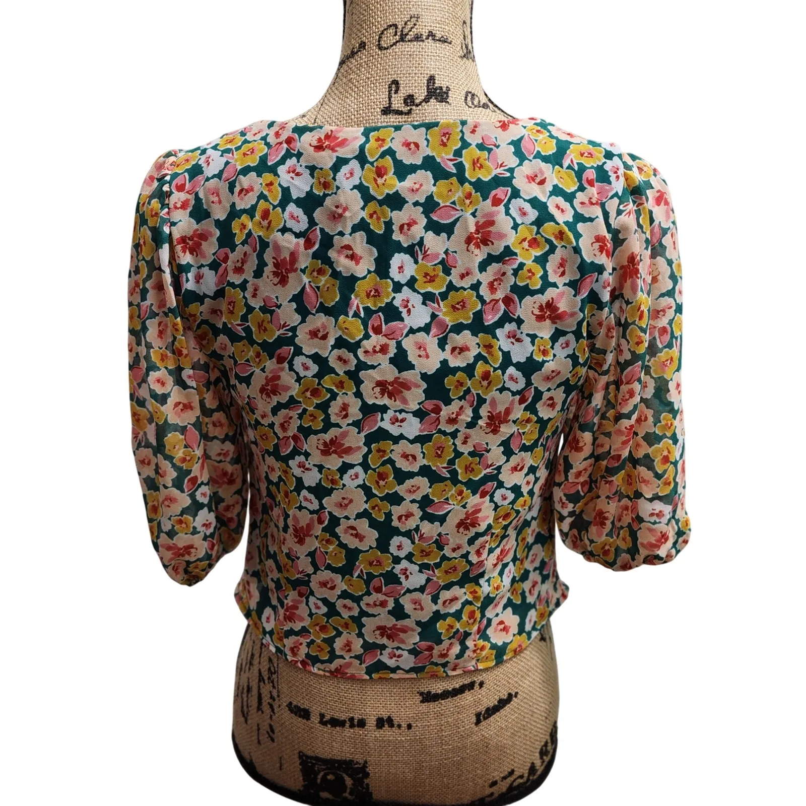 Lush Floral Print‎ Blouse Ruched Front 3/4 Sleeve Top Green Pink Yellow S - Image 2