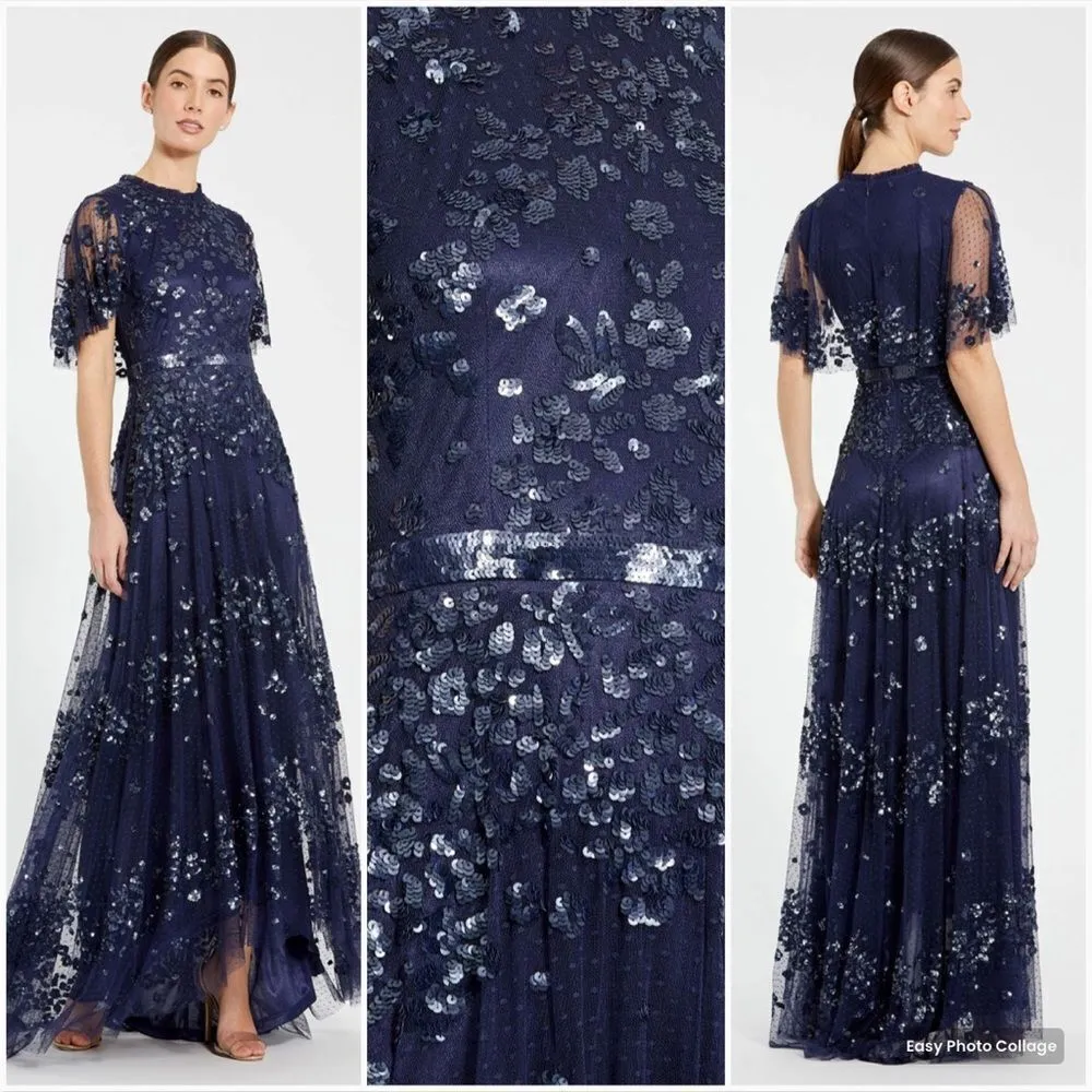 MAC DUGGAL 9192 Woman’s Blue Sequined High Neck Flutter Sleeve A Line Gown - Image 2