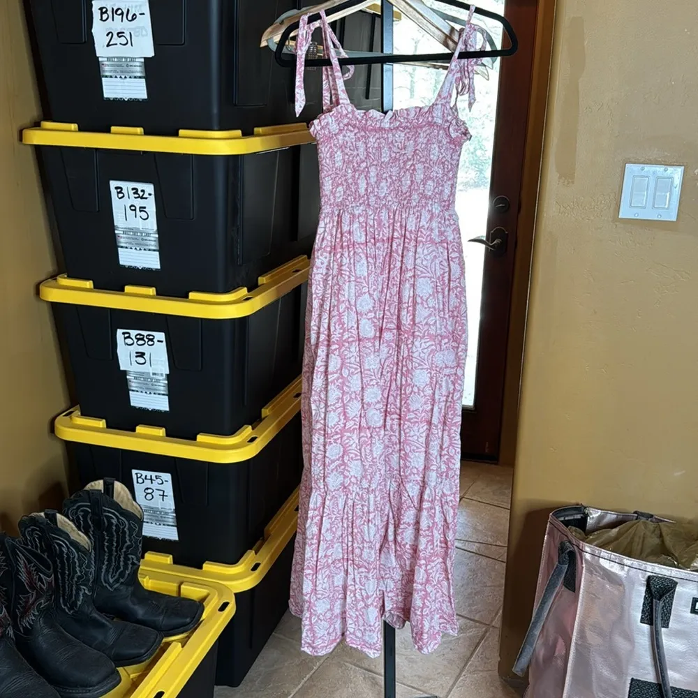 Ophelia & Indigo Mia Dress Smocked Floral Pink Maxi Dress with Bow Straps Sz XS - Image 8