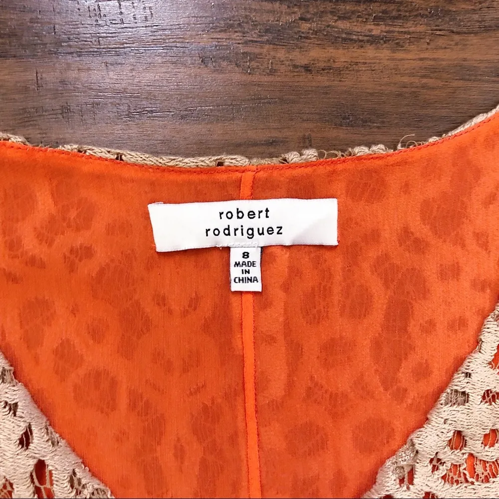 Robert Rodriguez • silk & lace shift dress orange chiffon beige tan sleeveless - Image 7