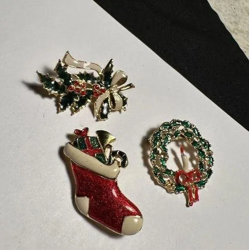 Lot Of 3 Enamel Christmas Holiday Brooch Pins Gold Tone Stocking Holly & Wreath - Image 1