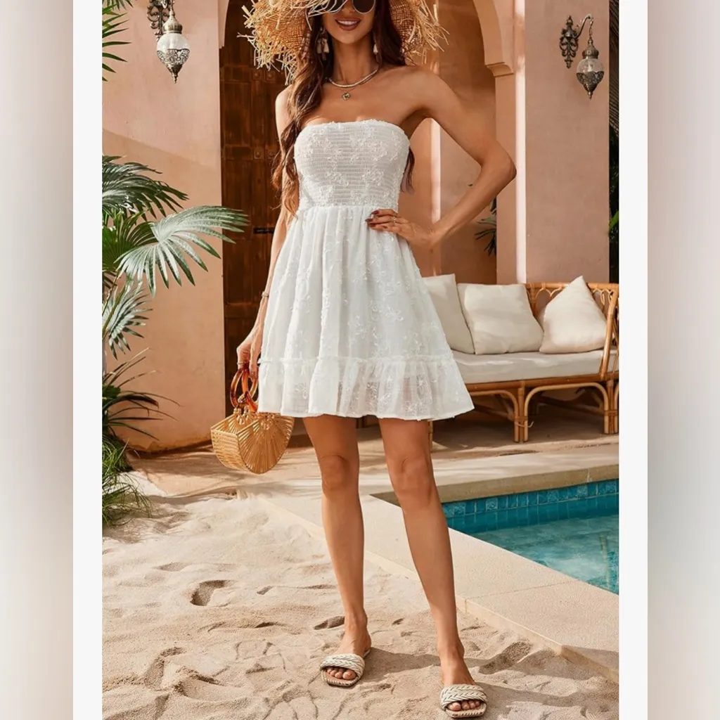 NEW White Strapless Lined Smocked Ruffle Mini Dress L Size L - Image 6