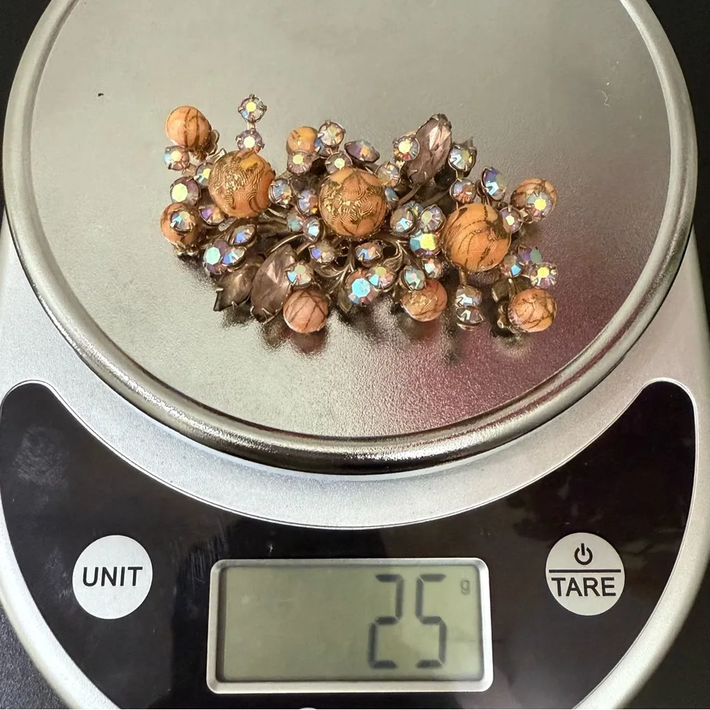 Vintage Unsigned Peach Flowers & Sprays Aurora Borealis Rhinestones Brooch 25g. Orange - Image 12