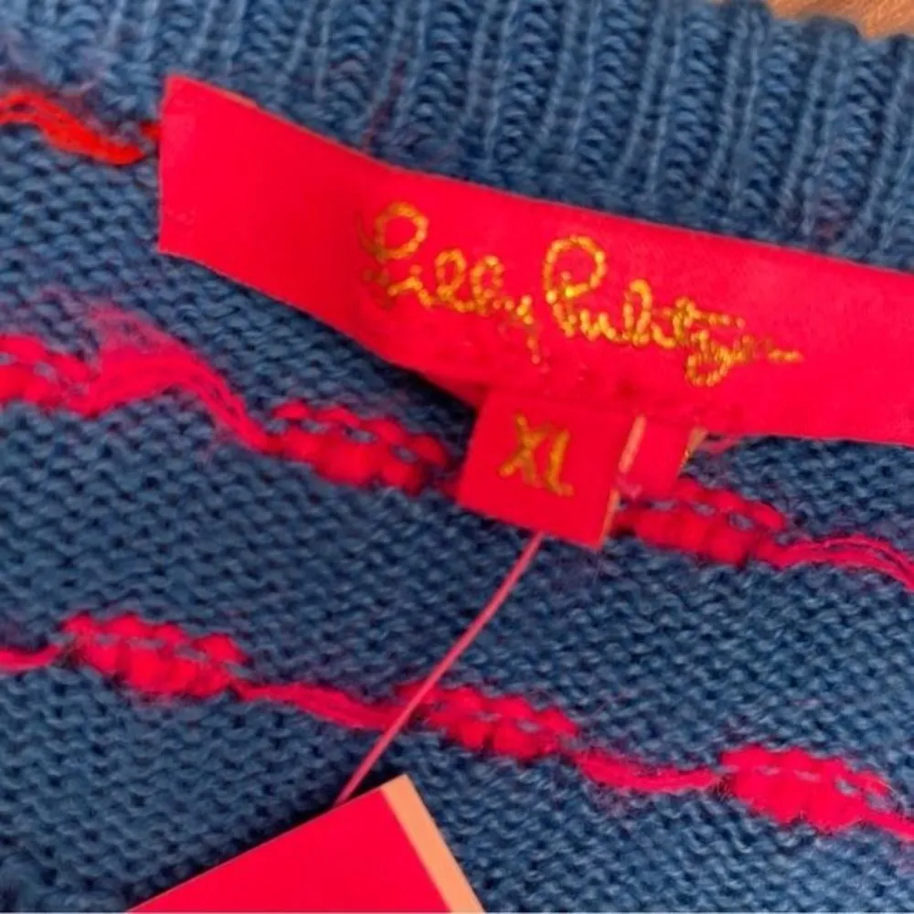 NWT Lilly Pulitzer Robena Sweater XL in Teal Blue Stripe pom poms sweater long s - Image 7
