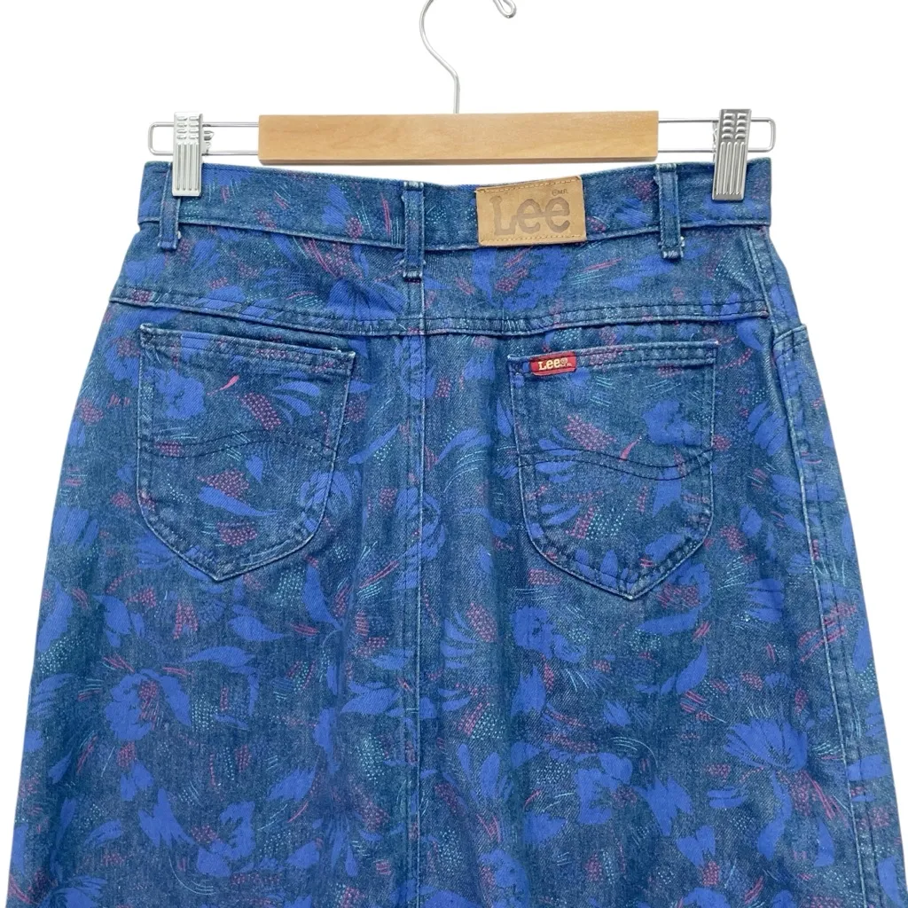 Vintage Lee Denim Skirt Size Small High Waist Floral Print Midi USA Made Blue - Image 8
