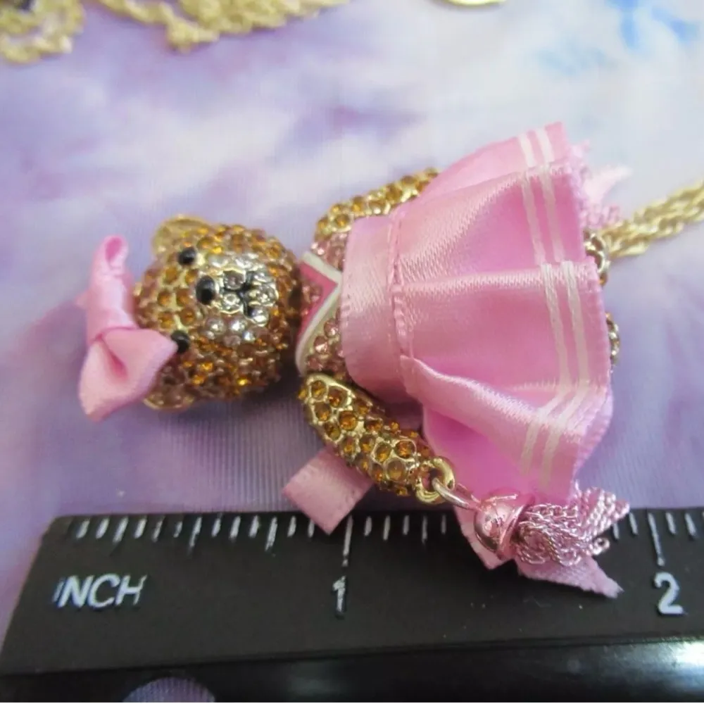 Betsey Johnson Cheerleader Necklace Gold Tone Pink Bear Crystal Pom Poms Movable - Image 8