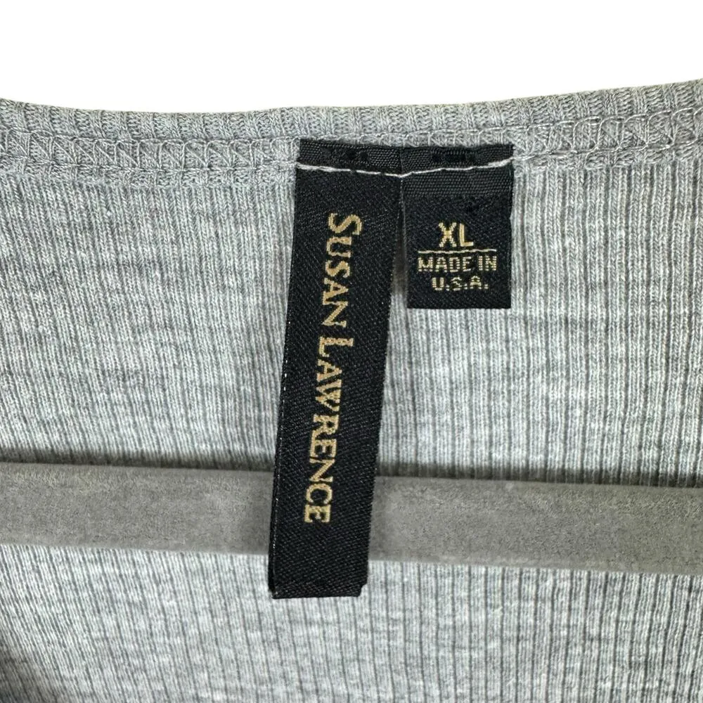 Susan Lawrence 100% Cotton Gray Ribbed Tank Black Gray Floral Detail Size XL - Image 5