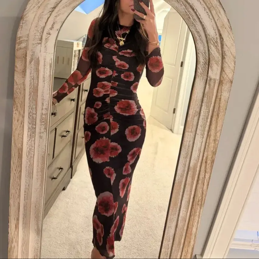 Suboo Black Floral Mesh Midi Dress LARGE Ruched Bodycon Cocktail Party Work $280 - Image 5