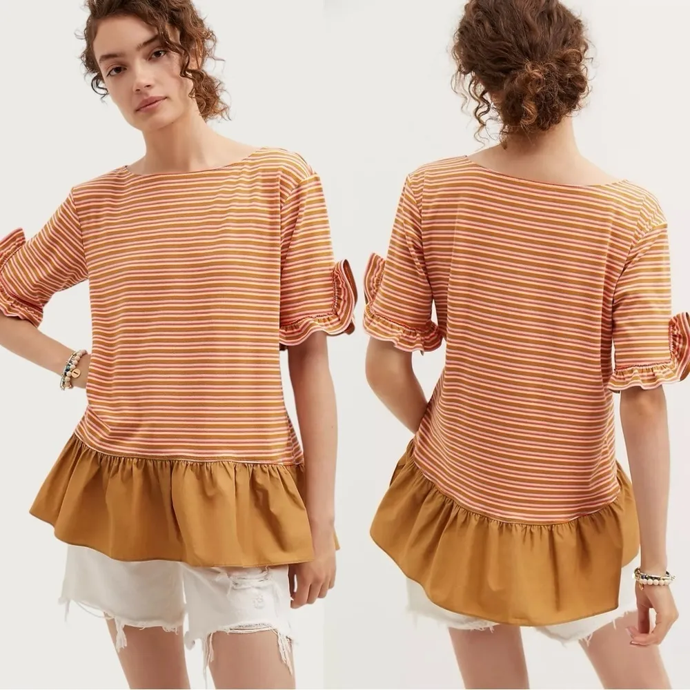 Anthropologie Maeve Ruffled Peplum Tunic Top Size Large Stripes Fall Pumpkin - Image 6