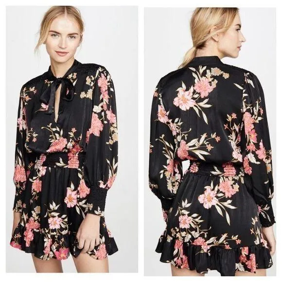Misa Los Angeles Iyana Tie-Neck Smocked Waist Mini Dress Black Floral Sz S - Image 1