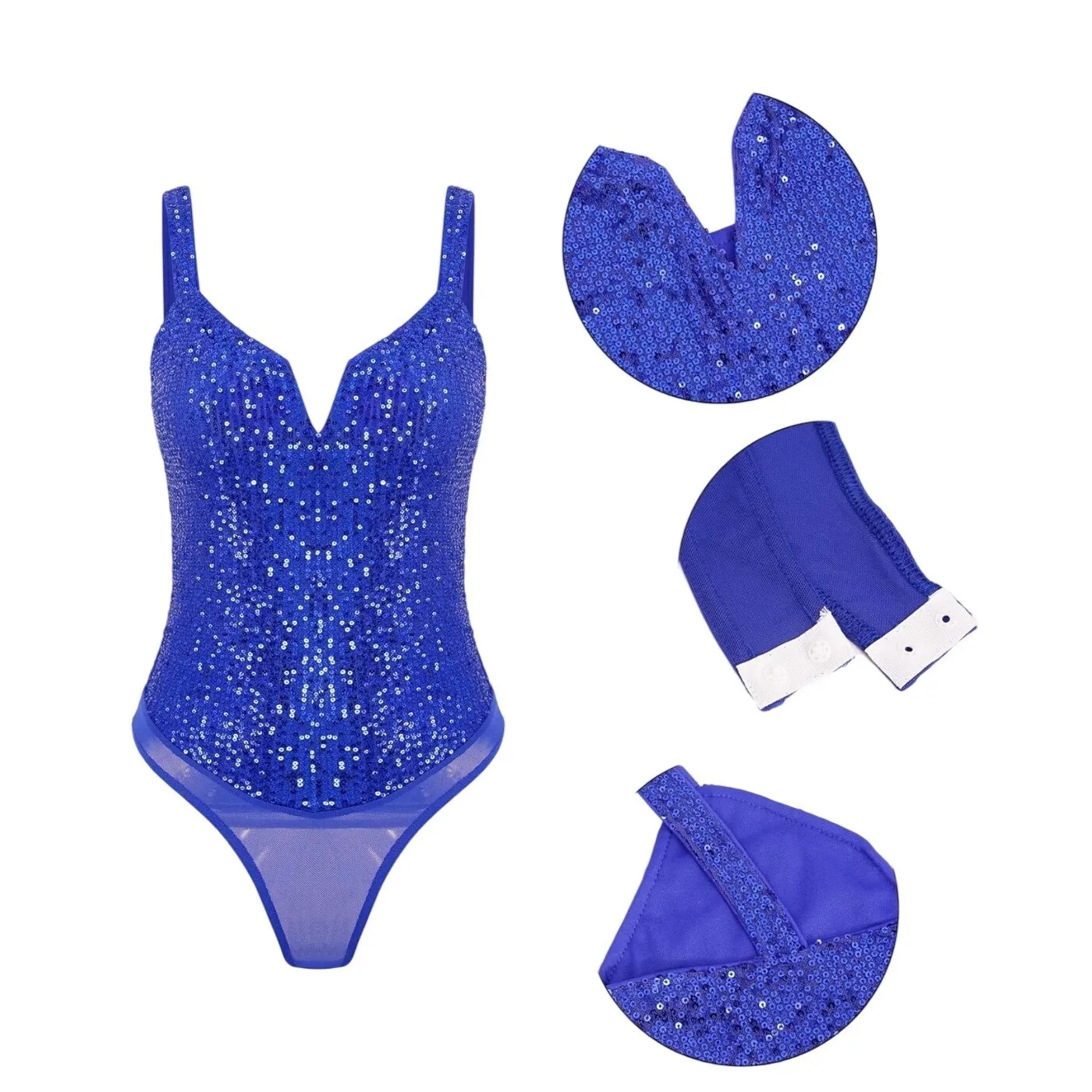 Sparkling Royal Blue Sequin V Neck Spaghetti Strap Bodysuit Women's - Image 7