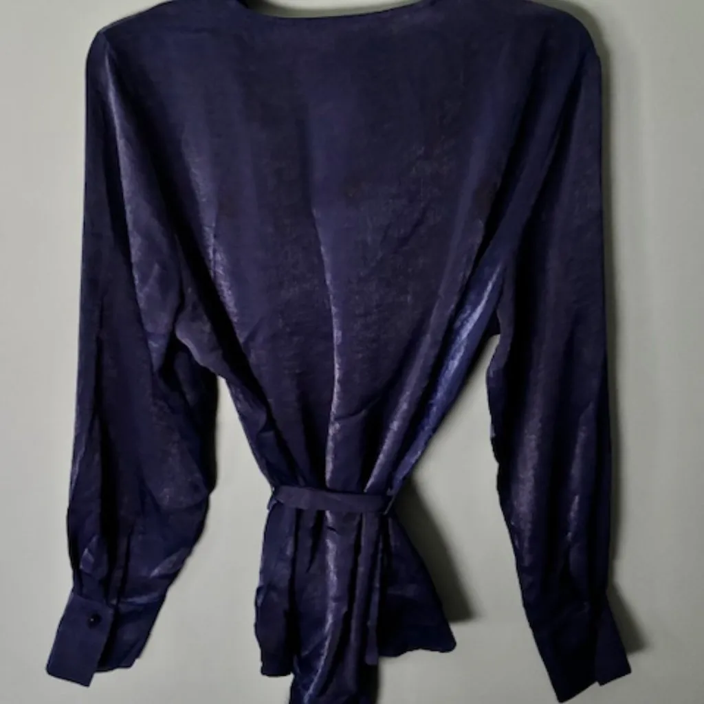 Worthington Blouse Large Navy Blue Long Sleeve Cowl Neck Elegant Waist Tie Shiny - Image 5