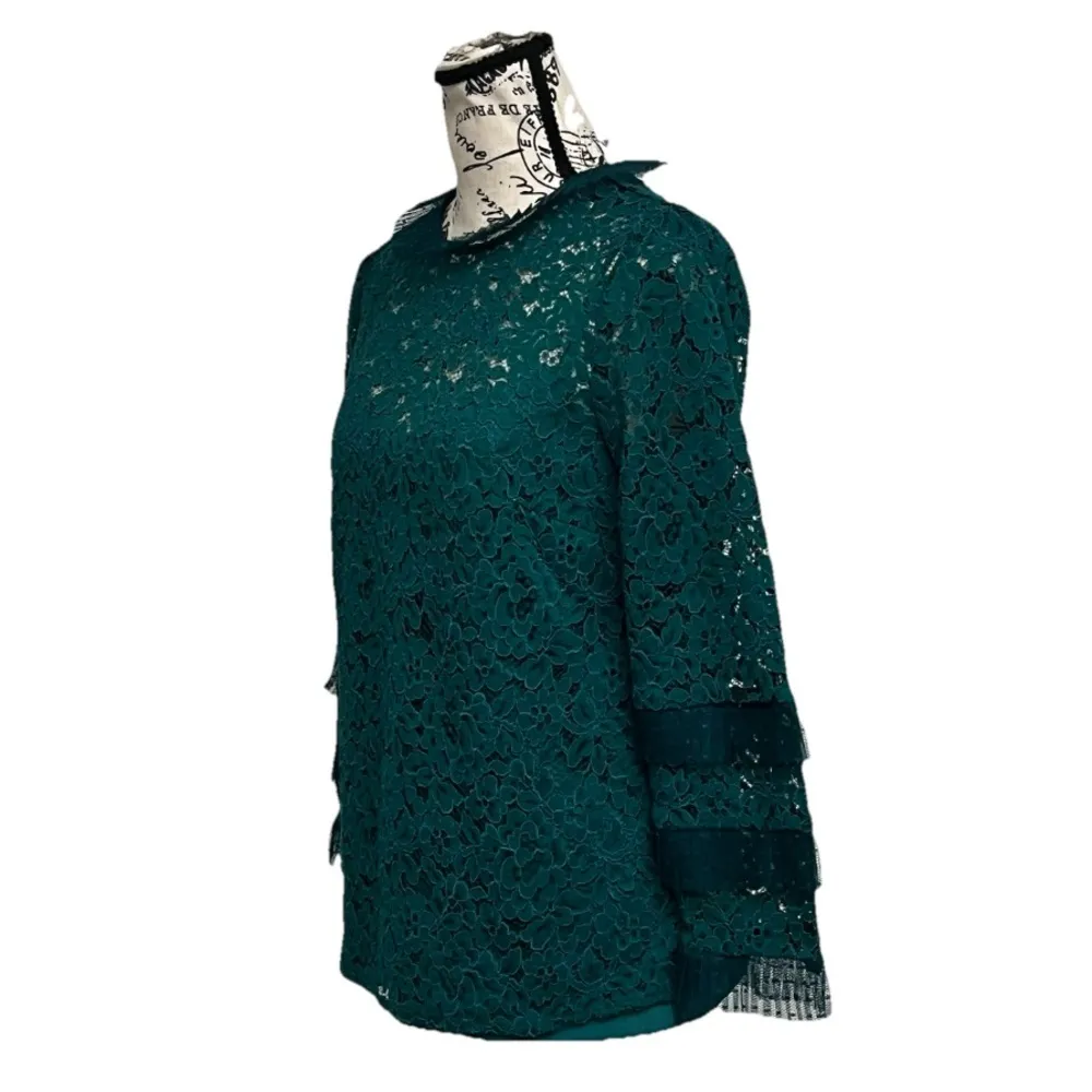 J Crew AU229 Green Lace Blouse Ruffle Lined Crochet Coquette Cottegecore Boho M - Image 3
