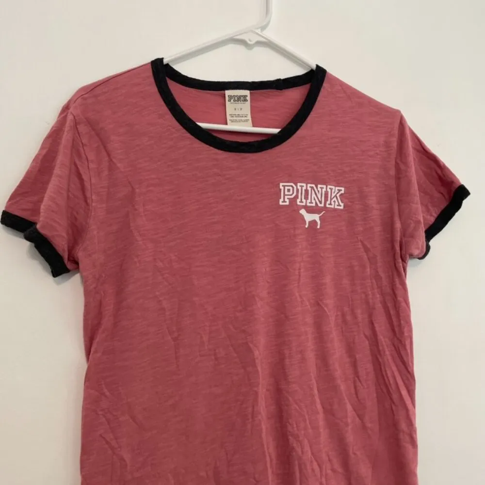 VS PINK VICTORIA'S SECRET Ringer Tee Rose Mauve Pink Spellout Logo Short Sleeve - Image 5