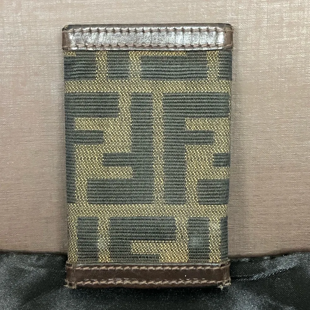 FENDI Zucca Tan Navy Canvas and Brown Leather Trim Snap Close Trifold Key Case - Image 3