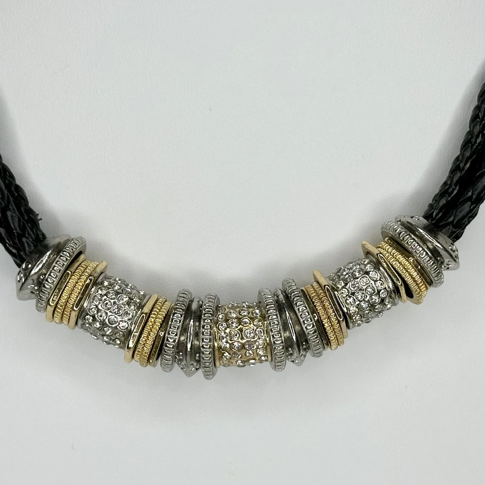 Chico's Rhinestone Silver and Gold Tone Black Braided Cord Necklace ✨ - Image 3