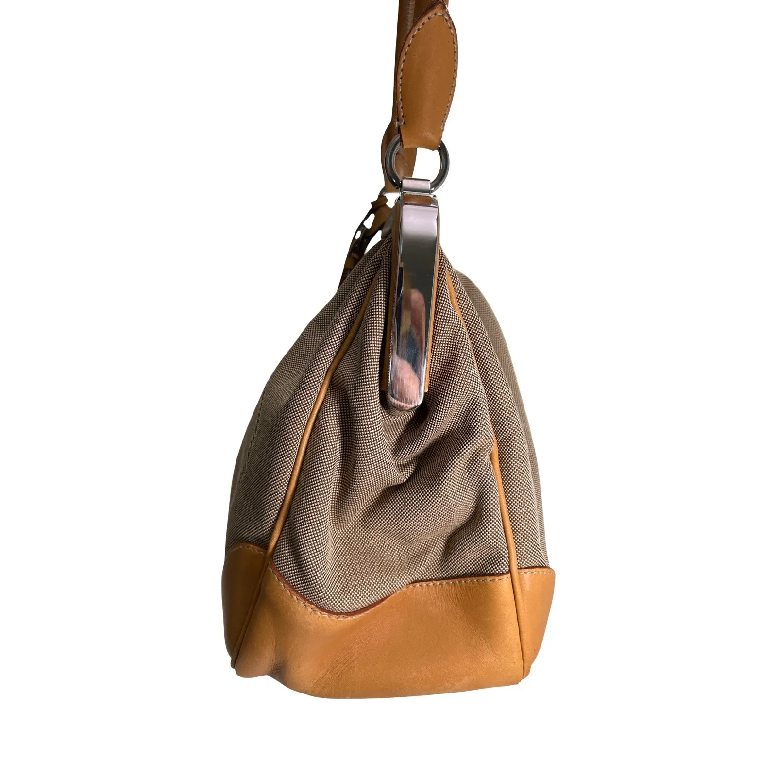 Prada Canapa Jacquard Canvas & Leather Frame Satchel Tote Bag Brown Tan Vintage - Image 3