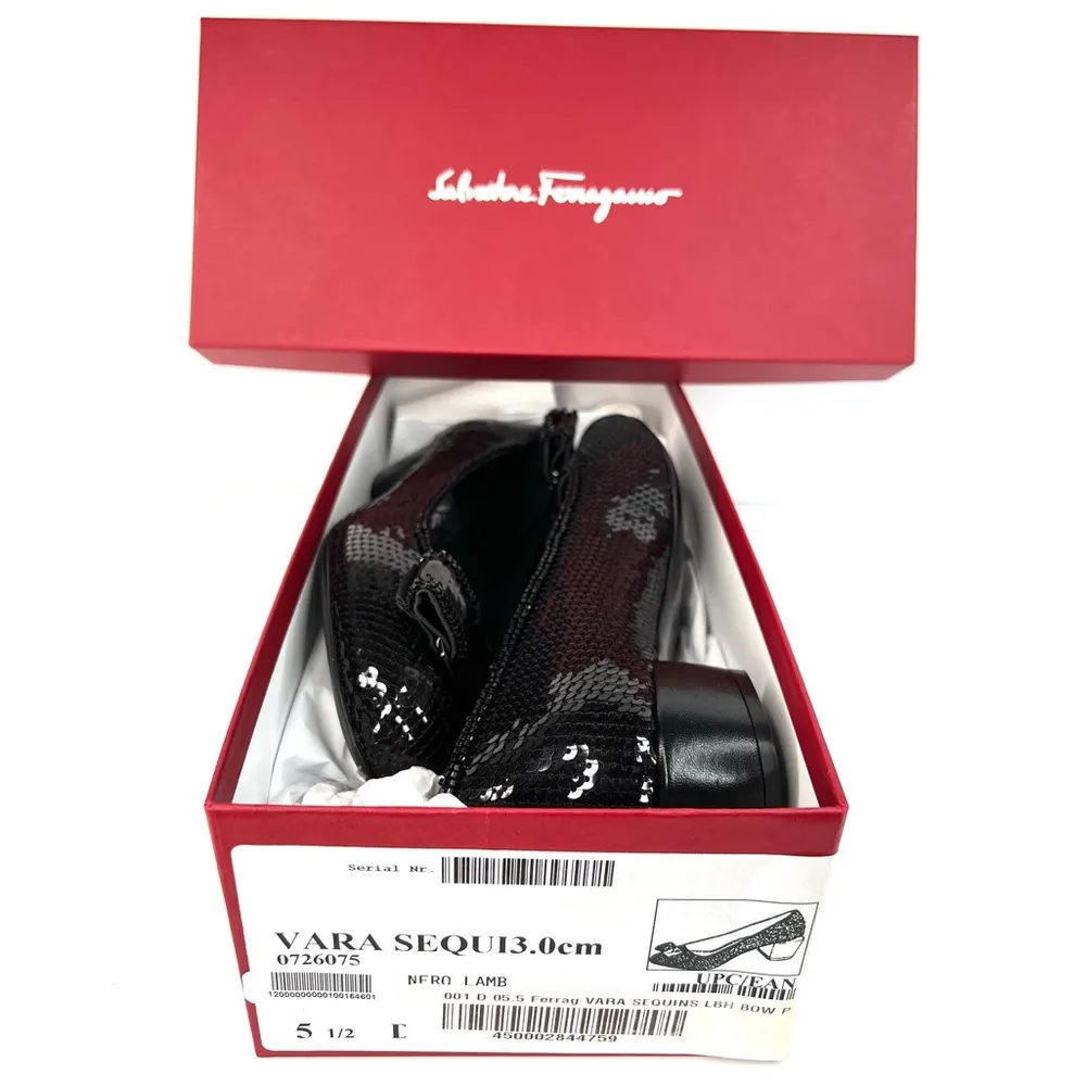 SALVATORE FERRAGAMO Vara Bow Black Sequin Block Heel Ballet Pumps Size 5.5 - Image 2