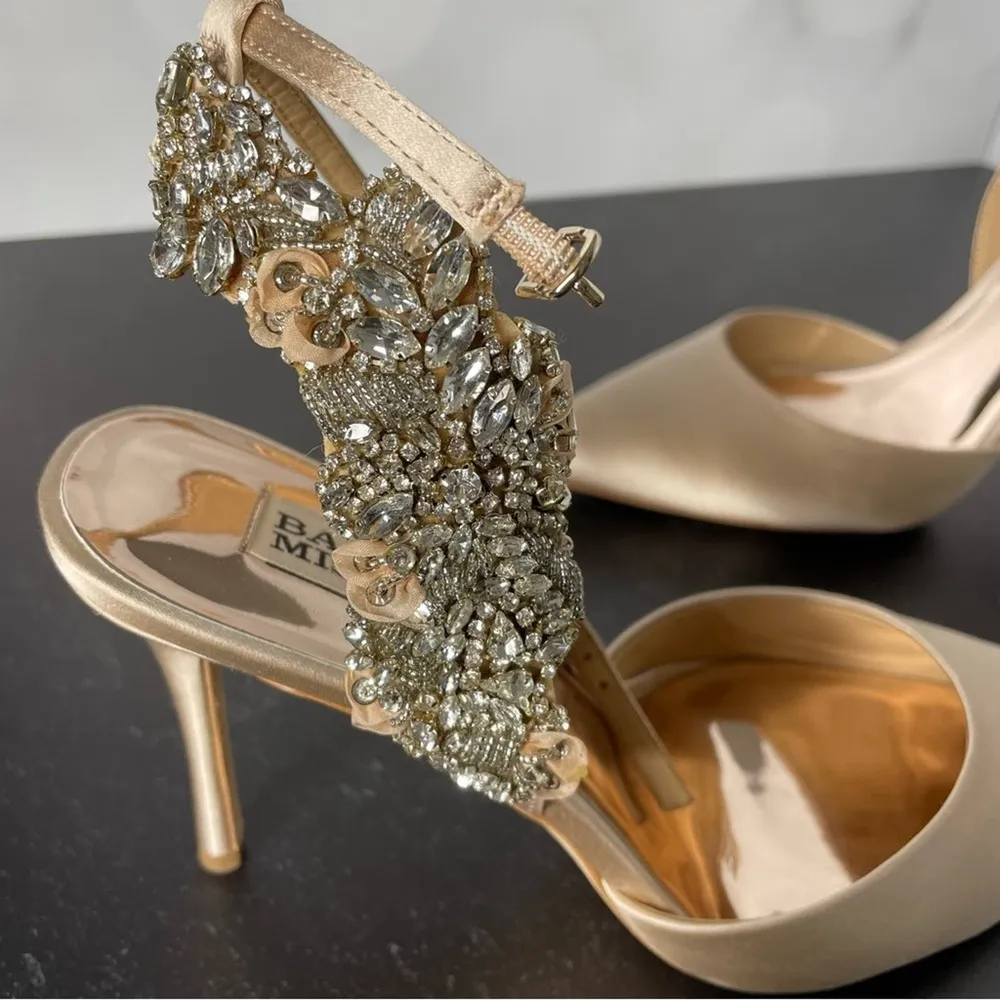 Badgley Mischka Women's Blanca Ankle Strap Embellished Pumps Nude Satin Sz 8 - Image 6