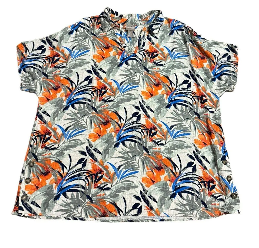 Chico’s Linen Blend Tropical Print Button Down Top Short Sleeve Sz 3X - Image 10