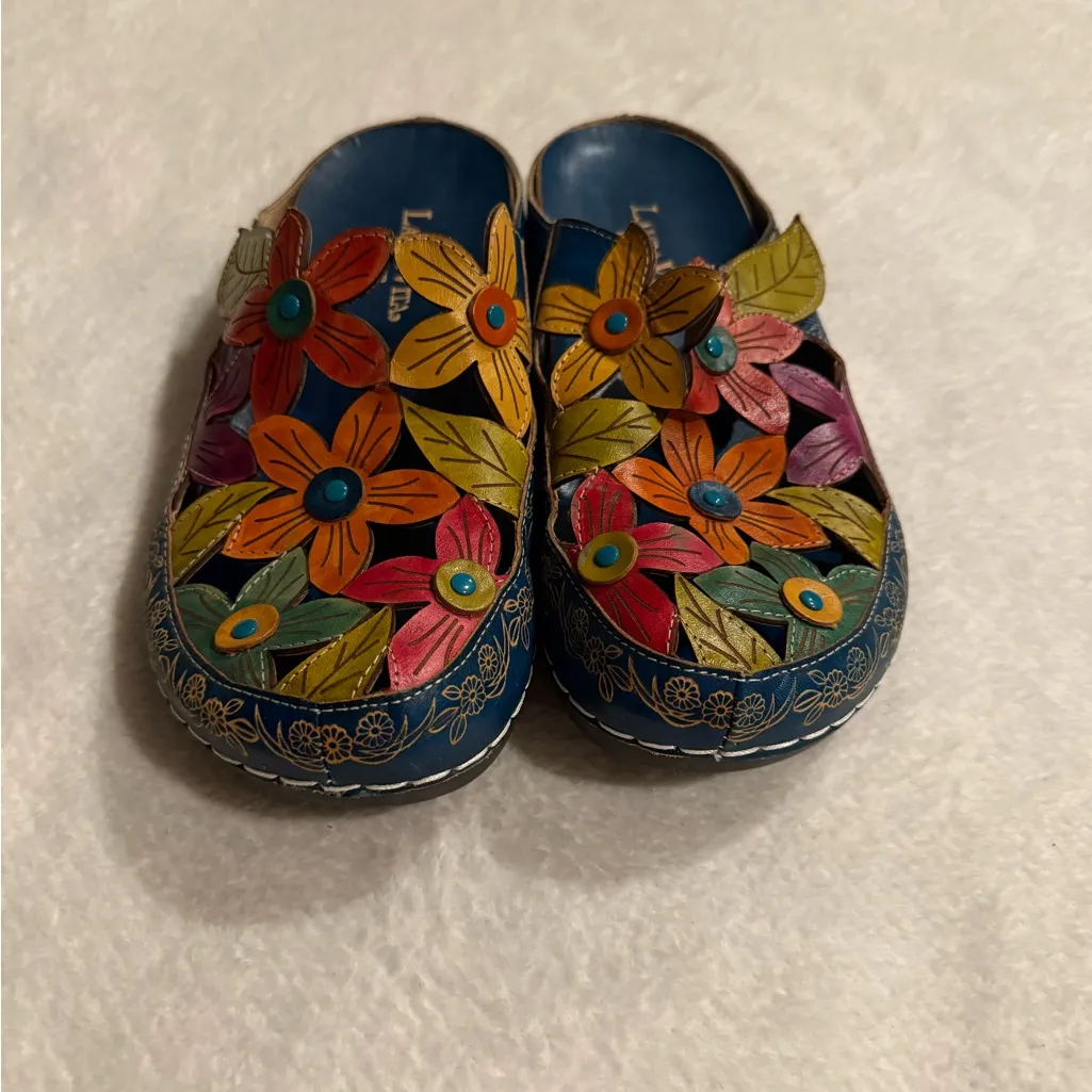 Laura Vita Floral slip on France Style Leather Fashionable Mule Shoes Size 41 Blue - Image 3