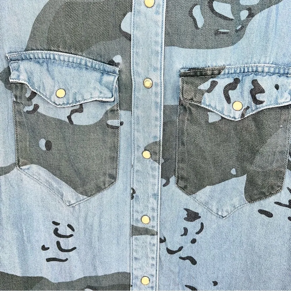 All Saints Kat Women's Camo Denim Mini Shirt Dress in Shades of Blue/Black Sz 0 - Image 7