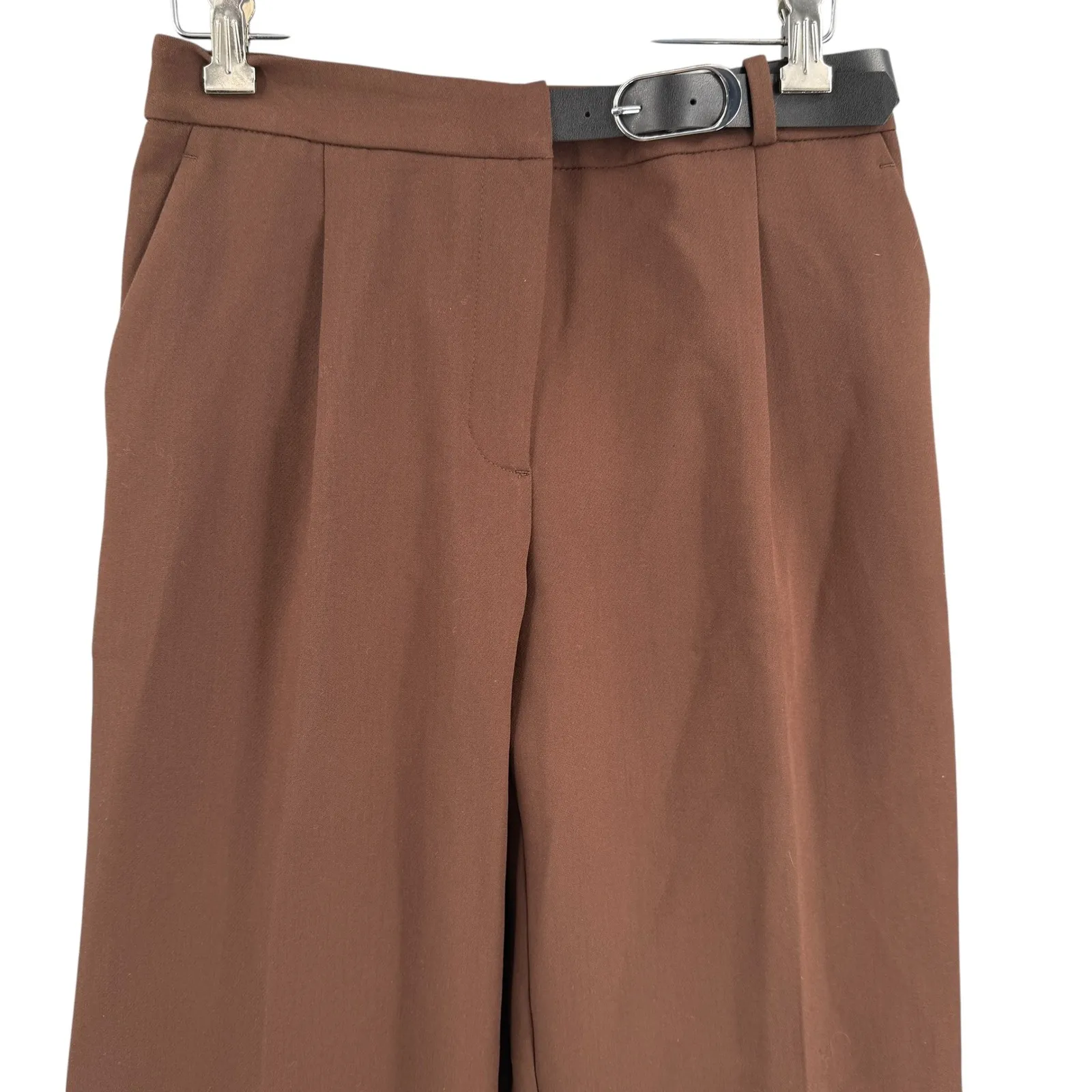 MNG Mango Brown Wide Leg Dress Pants Size 2 Belted High Rise Work Trousers - Image 2