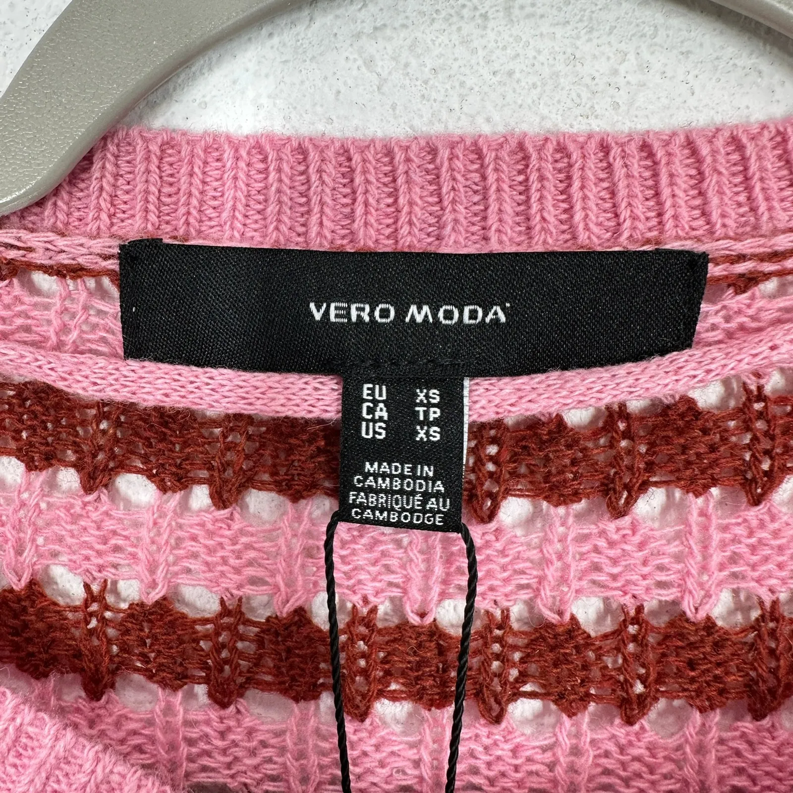 VERO MODA Pink Brown Striped Open Knit Cropped Pullover Sweater XS NWT Beach - Image 5