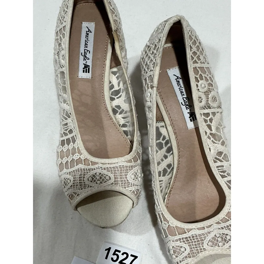 Womans American Eagle 8 1/2 Ivory Crochet Lace Open Toe Wedge Heel Shoe Slip On - Image 2