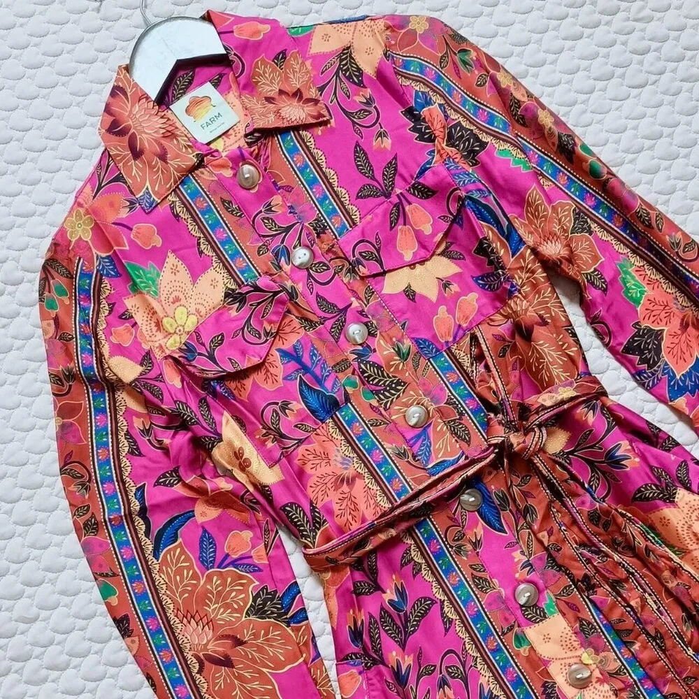 NWOT Farm Rio Midi Shirt Dress Belted Colorful Floral Sz XXS Like M - Image 9