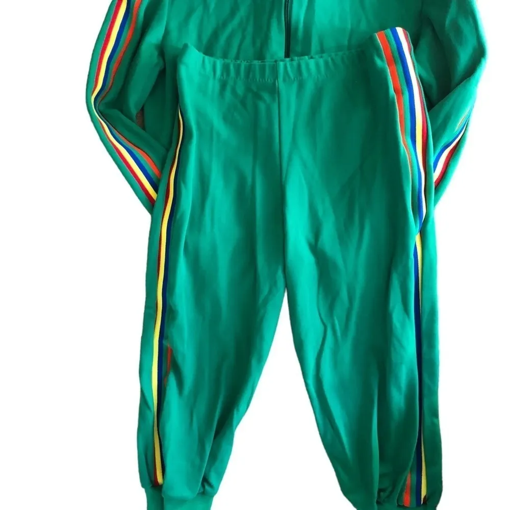 VTG Demetre Ladies 2PC Track Jacket Crop Jogger Pant L Green Rainbow Stripes Size L - Image 6