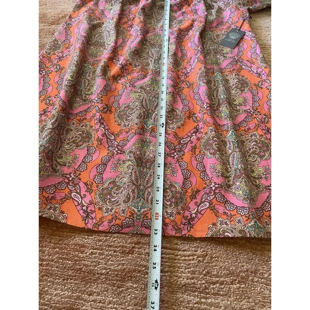 Vince Camuto Off Shoulder Puff Sleeve Paisley Linen Dress Orange Pink 18W - Image 7