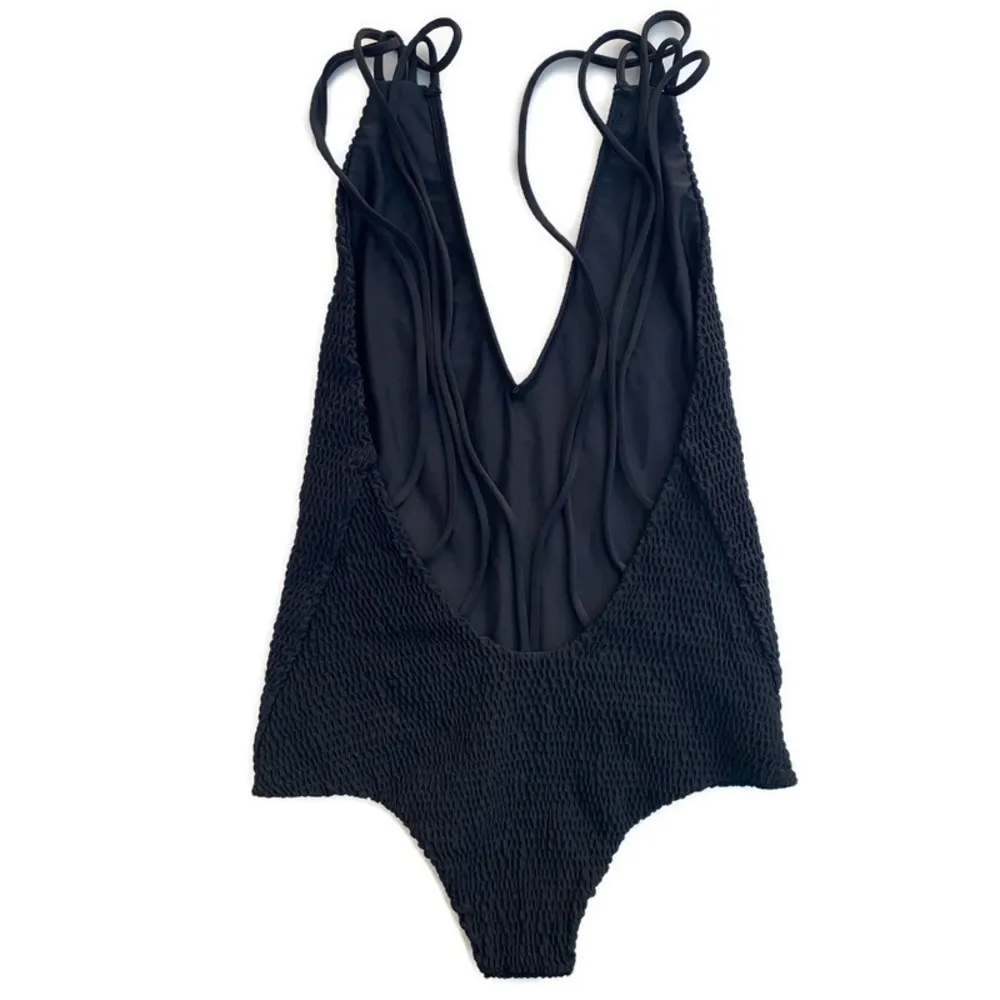 Krishna Black Smocked One Piece Strappy Swimsuit NWOT Large - Image 2