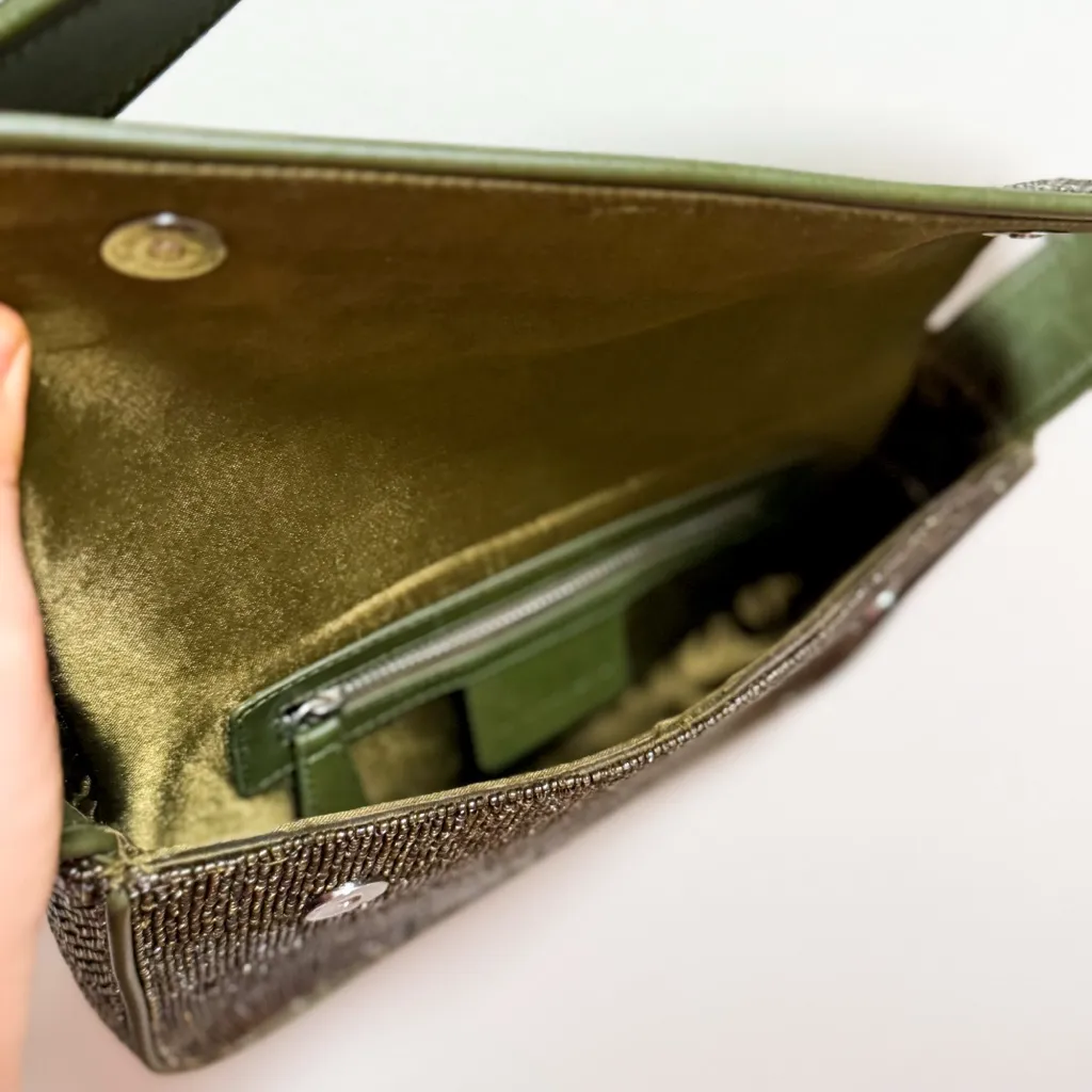 STAUD Tommy bag moss olive green beaded shoulder purse embroidered metallic NYE - Image 14