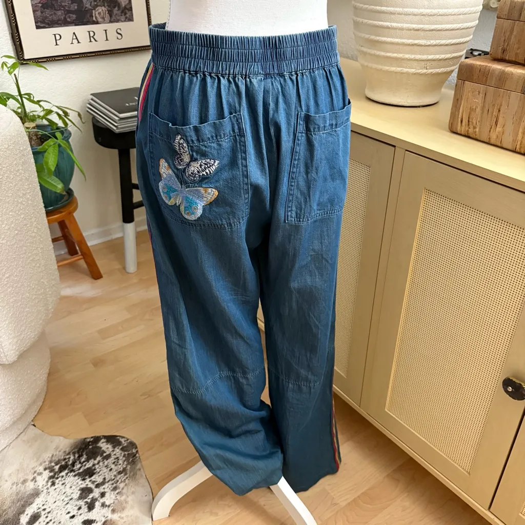JOHNNY WAS Wide Leg Denim Blue Paradiso Pull On Pants Embroidered‎ Size Small - Image 7